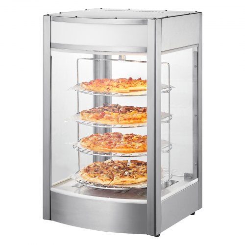 Kommersiell matvärmardisplay för 14" pizza, pizzavärmare i 4 nivåer med roterande ångvärme, 30℃~85℃ temperaturkontroll och temperaturdisplay, 25W ugnsbelysning + LED-display för pizzeria, restaurang