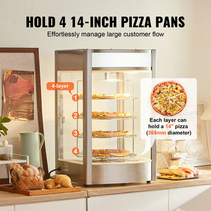 Kommersiell matvärmardisplay för 14" pizza, pizzavärmare i 4 nivåer med roterande ångvärme, 30℃~85℃ temperaturkontroll och temperaturdisplay, 25W ugnsbelysning + LED-display för pizzeria, restaurang