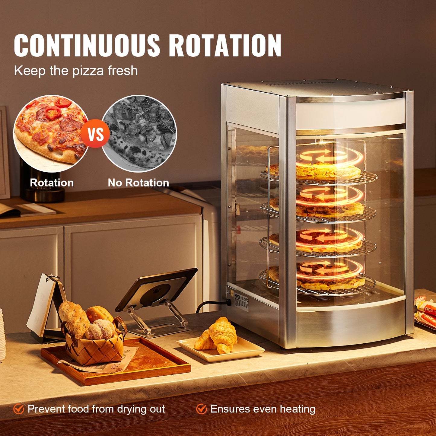 Commercial Food Warmer Display for 14" Pizza, 4-Tier Pizza Warmer with Rotary Steam Heating, 30℃~85℃ Temperature Control and Temp Display, 25W Oven Light + Top LED for Pizza Shop, Restaurant