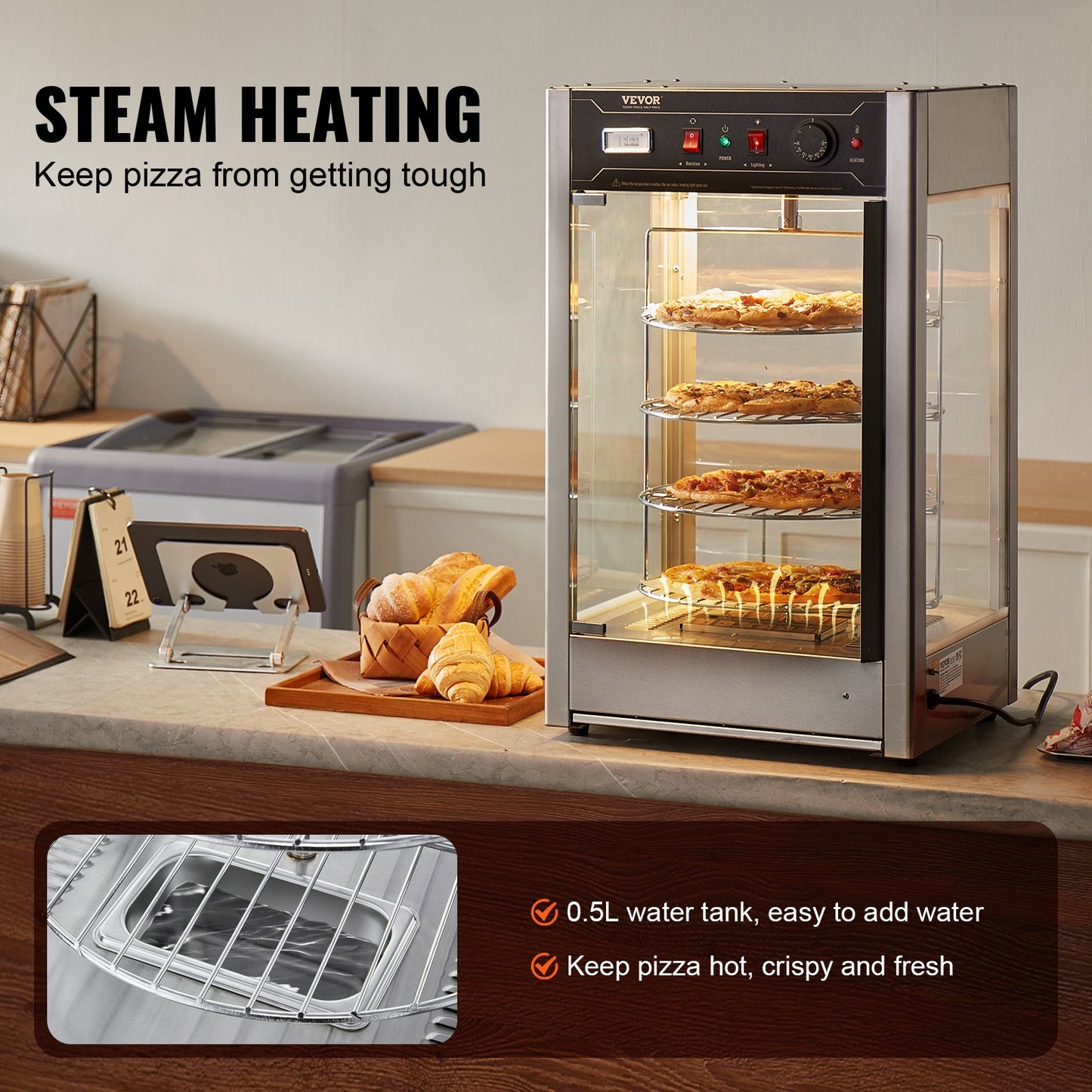 Kommersiell matvärmardisplay för 14" pizza, pizzavärmare i 4 nivåer med roterande ångvärme, 30℃~85℃ temperaturkontroll och temperaturdisplay, 25W ugnsbelysning + LED-display för pizzeria, restaurang