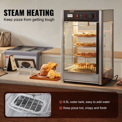 Kommersiell matvärmardisplay för 14" pizza, pizzavärmare i 4 nivåer med roterande ångvärme, 30℃~85℃ temperaturkontroll och temperaturdisplay, 25W ugnsbelysning + LED-display för pizzeria, restaurang