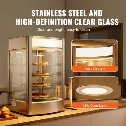 Kommersiell matvärmardisplay för 14" pizza, pizzavärmare i 4 nivåer med roterande ångvärme, 30℃~85℃ temperaturkontroll och temperaturdisplay, 25W ugnsbelysning + LED-display för pizzeria, restaurang