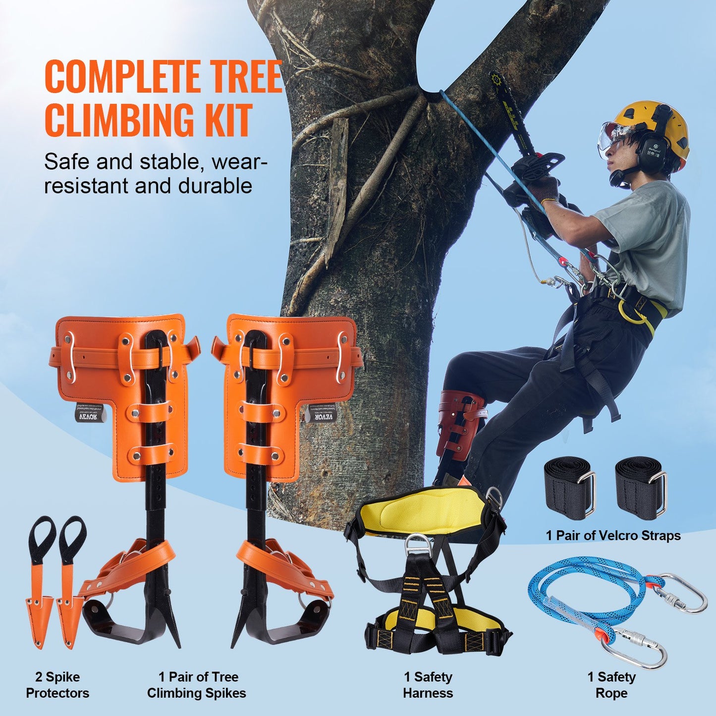 Tree Climbing Spikes Set, 1 Pair Alloy Steel Climbing Spurs with Safety Rope and Safety Harness, 350lbs Load Capacity Tree Climbing Gear, Arborist Equipment for Climbers, Fruit Picking, Orange
