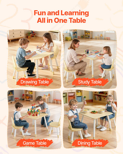 Kids Table and 2 Chairs Set, Toddler Table and Chair Set with Rounded Edge Design & Graffiti Desktop, Wooden Desk for Art, Craft, Reading, Learning, Drawing, Classroom/Daycare/Home, Burlywood
