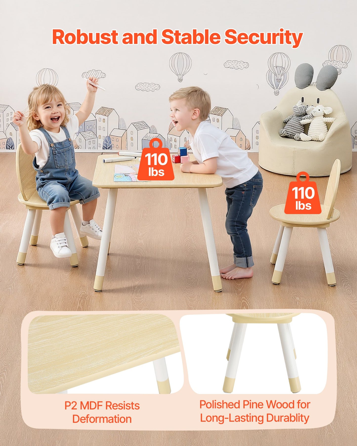 Kids Table and 2 Chairs Set, Toddler Table and Chair Set with Rounded Edge Design & Graffiti Desktop, Wooden Desk for Art, Craft, Reading, Learning, Drawing, Classroom/Daycare/Home, Burlywood