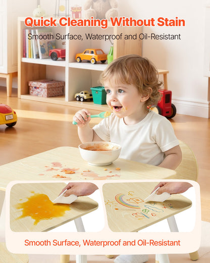 Kids Table and 2 Chairs Set, Toddler Table and Chair Set with Rounded Edge Design & Graffiti Desktop, Wooden Desk for Art, Craft, Reading, Learning, Drawing, Classroom/Daycare/Home, Burlywood