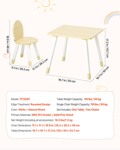 Kids Table and 2 Chairs Set, Toddler Table and Chair Set with Rounded Edge Design & Graffiti Desktop, Wooden Desk for Art, Craft, Reading, Learning, Drawing, Classroom/Daycare/Home, Burlywood