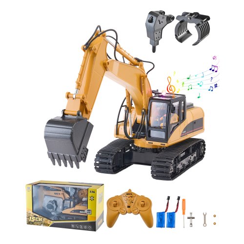 Remote Control Excavator Toy, 15 Channel, 3 in 1 Remote Control Digger with Metal Shovel, 1:14 Scale RC Excavator with Light & Sound, Full Functional Construction Vehicles for Kids, 2 Batteries