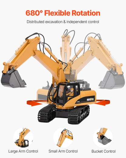 Remote Control Excavator Toy, 15 Channel, 3 in 1 Remote Control Digger with Metal Shovel, 1:14 Scale RC Excavator with Light & Sound, Full Functional Construction Vehicles for Kids, 2 Batteries