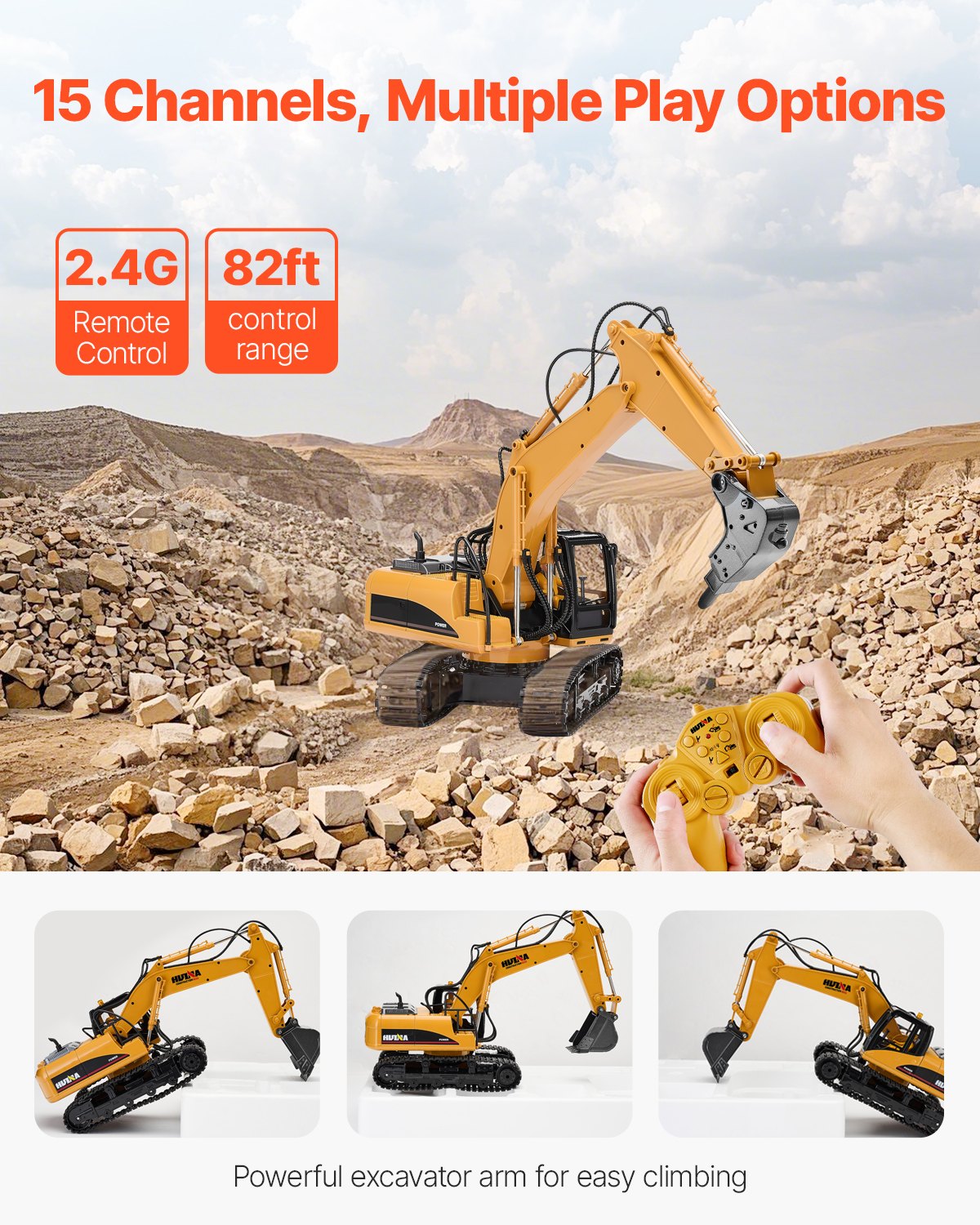Remote Control Excavator Toy, 15 Channel, 3 in 1 Remote Control Digger with Metal Shovel, 1:14 Scale RC Excavator with Light & Sound, Full Functional Construction Vehicles for Kids, 2 Batteries