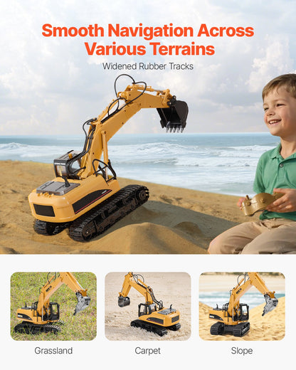Remote Control Excavator Toy, 15 Channel, 3 in 1 Remote Control Digger with Metal Shovel, 1:14 Scale RC Excavator with Light & Sound, Full Functional Construction Vehicles for Kids, 2 Batteries