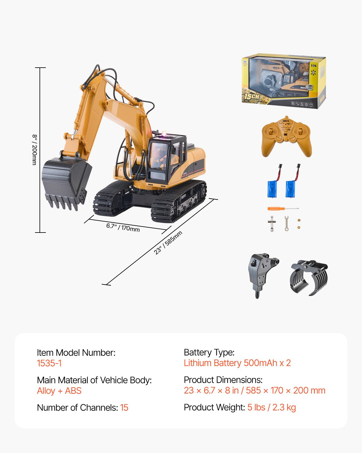 Remote Control Excavator Toy, 15 Channel, 3 in 1 Remote Control Digger with Metal Shovel, 1:14 Scale RC Excavator with Light & Sound, Full Functional Construction Vehicles for Kids, 2 Batteries