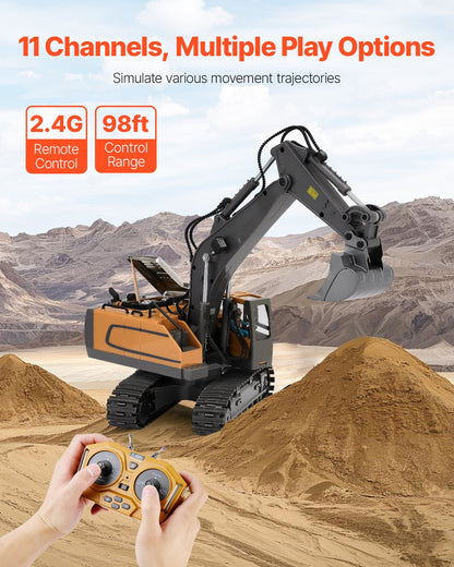 Remote Control Excavator Toy, 11 Channel, 1:20 Scale Remote Control Digger Toy, RC Excavator with Lights & Sounds, Full Functional Construction Vehicles for Kids, 2 Batteries, Birthday Present