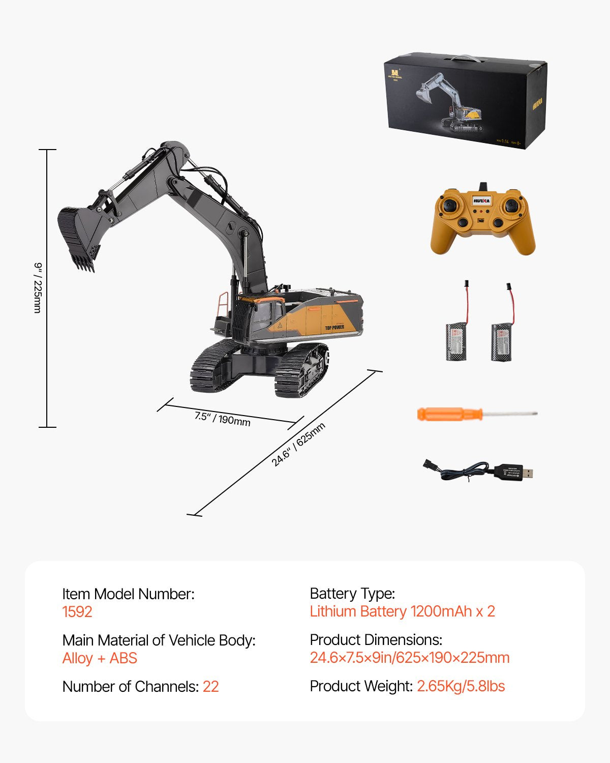 Remote Control Excavator Toy, 22 Channel, 1:14 Scale Remote Control Digger with Metal Shovel, RC Excavator with Lights & Sounds, Full Functional Construction Vehicles for Kids, Birthday Present