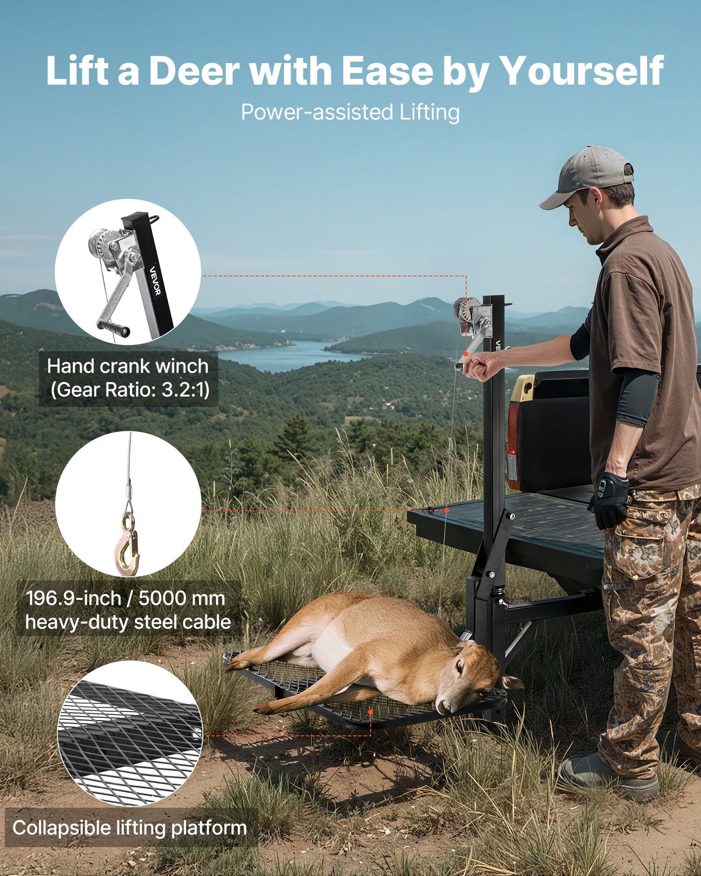 Hitch Deer Hoist with Lifting System Platform, 300 lbs Load Capacity, Game Hoist Winch Lift with 2-inch Receiver, 360-Degree Swivel Shaft & Foldable, Hitch-Mounted Deer Hanger for Moving Game