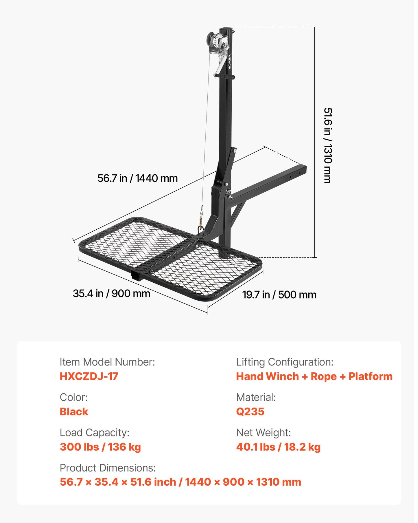 Hitch Deer Hoist with Lifting System Platform, 300 lbs Load Capacity, Game Hoist Winch Lift with 2-inch Receiver, 360-Degree Swivel Shaft & Foldable, Hitch-Mounted Deer Hanger for Moving Game
