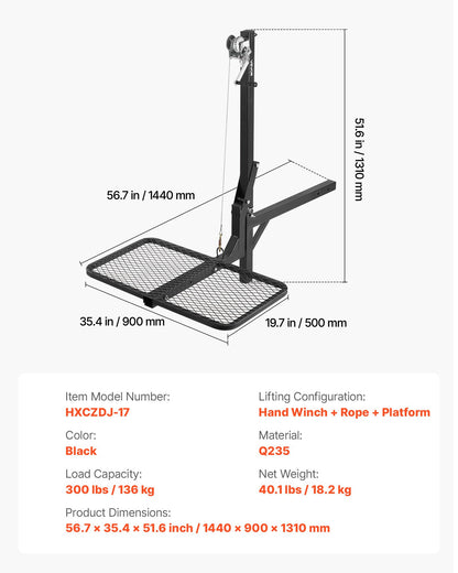 Hitch Deer Hoist with Lifting System Platform, 300 lbs Load Capacity, Game Hoist Winch Lift with 2-inch Receiver, 360-Degree Swivel Shaft & Foldable, Hitch-Mounted Deer Hanger for Moving Game