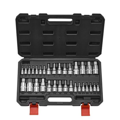 Hex Bit Socket Set, 32-Piece, S2 Alloy Steel and Cr-V Steel, Standard SAE and Metric, 1/4 in, 3/8 in, and 1/2 in Drives, with Enhanced Storage Case, Allen Socket Set for Mechanics, Auto Repair