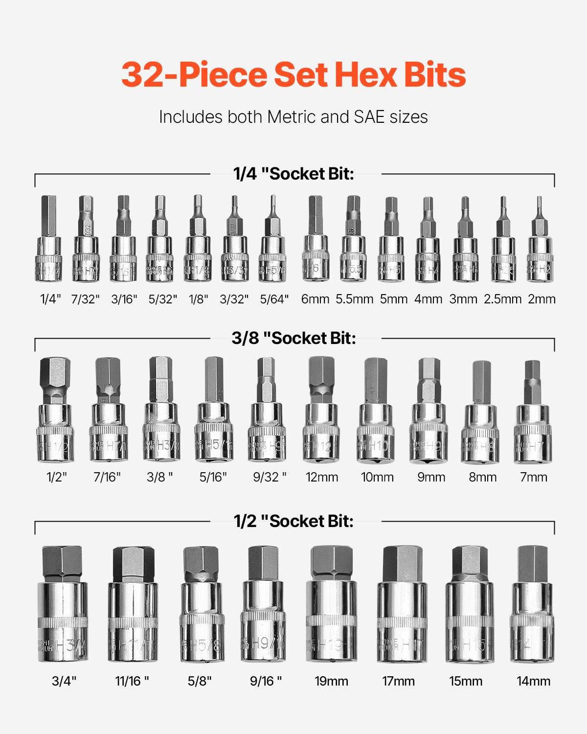 Hex Bit Socket Set, 32-Piece, S2 Alloy Steel and Cr-V Steel, Standard SAE and Metric, 1/4 in, 3/8 in, and 1/2 in Drives, with Enhanced Storage Case, Allen Socket Set for Mechanics, Auto Repair