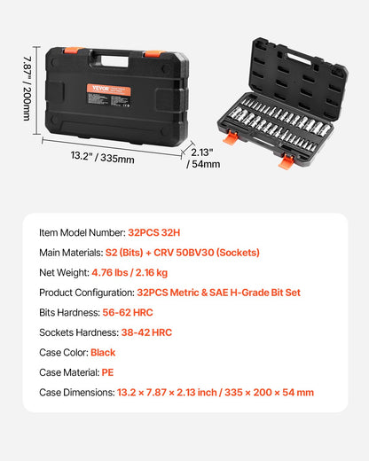 Hex Bit Socket Set, 32-Piece, S2 Alloy Steel and Cr-V Steel, Standard SAE and Metric, 1/4 in, 3/8 in, and 1/2 in Drives, with Enhanced Storage Case, Allen Socket Set for Mechanics, Auto Repair