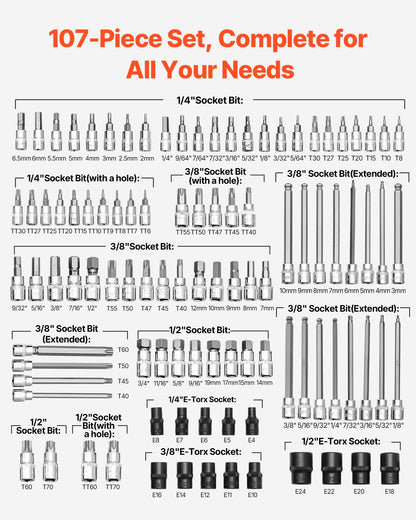 Bitshylsnyckelsats, 107 delar SAE och metrisk, sexkant/Torx/utvändig Torx/manipulationssäker/extra lång, S2-legerat stål och Cr-V-stål, 1/4 tum, 3/8 tum och 1/2 tums fatningar, med förbättrad förvaringsväska, för handbruk
