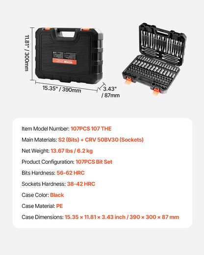 Bit Socket Set, 107-Piece SAE and Metric, Hex/Torx/External Torx/Tamper-Proof/Extra Long, S2 Alloy Steel and Cr-V Steel, 1/4 in, 3/8 in, and 1/2 in Drives, with Enhanced Storage Case, Hand Use
