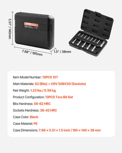 Torx Bit Socket Set, 13-Piece Star T8 - T60 Set, S2 Alloy Steel and Cr-V Steel, 1/4 in, 3/8 in, and 1/2 in Drives, with Enhanced Storage Case, Torx Sockets for Hand Use, Mechanics, Auto Repair