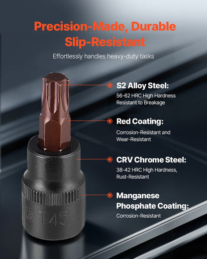 Torx-bitshylssats och utvändig Torx-hylsnyckelsats, 31-delars T8-T70 och E4-E24, S2-legerat stål och Cr-V-stål, 1/4 tum, 3/8 tum och 1/2 tums fattningar, med adapter och förbättrad förvaringsväska, för fordonsindustrin