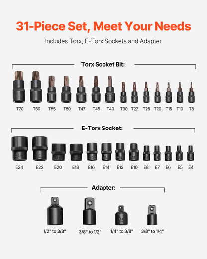 Torx Bit Socket and External Torx Socket Set, 31-Piece T8-T70 and E4-E24, S2 Alloy Steel and Cr-V Steel, 1/4 in, 3/8 in, and 1/2 in Drives, with Adapter and Enhanced Storage Case, for Automotive
