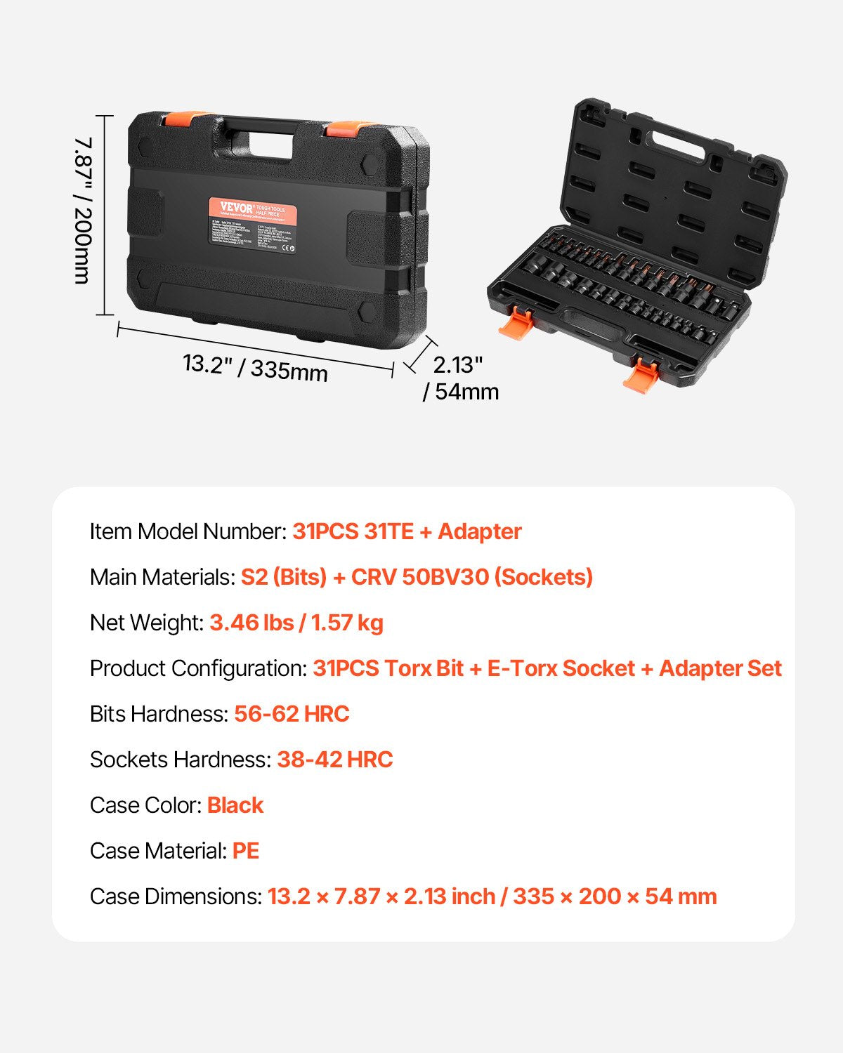 Torx-bitshylssats och utvändig Torx-hylsnyckelsats, 31-delars T8-T70 och E4-E24, S2-legerat stål och Cr-V-stål, 1/4 tum, 3/8 tum och 1/2 tums fattningar, med adapter och förbättrad förvaringsväska, för fordonsindustrin