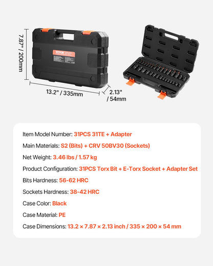 Torx-bitshylssats och utvändig Torx-hylsnyckelsats, 31-delars T8-T70 och E4-E24, S2-legerat stål och Cr-V-stål, 1/4 tum, 3/8 tum och 1/2 tums fattningar, med adapter och förbättrad förvaringsväska, för fordonsindustrin