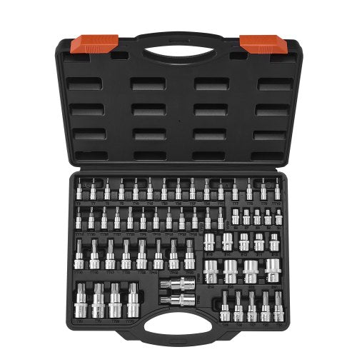 Torx-bitshylssats och utvändig Torx-hylsnyckelsats, 60-delars T6-T70, TT6-TT70, TP8-TP60, E4-E24, S2-legerat stål och Cr-V-stål, 1/4-tums, 3/8-tums och 1/2-tums fatningar, med förbättrad förvaringsväska, för handbruk