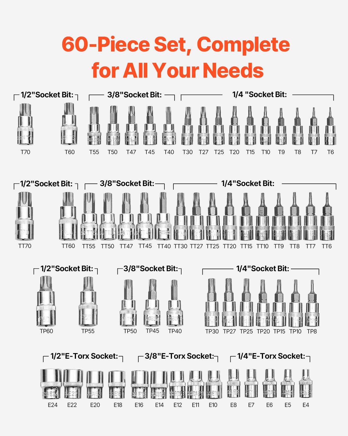 Torx Bit Socket and External Torx Socket Set, 60-Piece T6-T70, TT6-TT70, TP8-TP60, E4-E24, S2 Alloy Steel and Cr-V Steel, 1/4 in, 3/8 in, and 1/2 in Drives, with Enhanced Storage Case, Hand Use