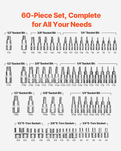 Torx Bit Socket and External Torx Socket Set, 60-Piece T6-T70, TT6-TT70, TP8-TP60, E4-E24, S2 Alloy Steel and Cr-V Steel, 1/4 in, 3/8 in, and 1/2 in Drives, with Enhanced Storage Case, Hand Use
