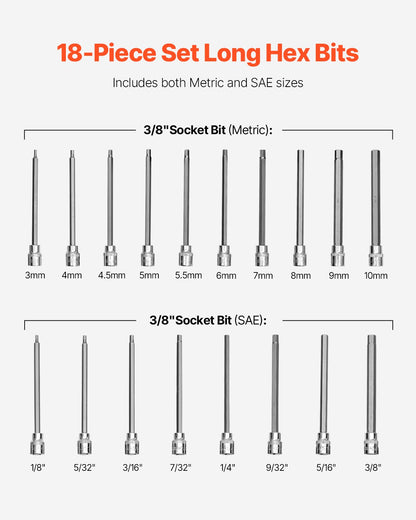 Extra Long Allen Hex Bit Socket Set, 18-Piece 3/8 inch Drive, S2 Alloy Steel and Cr-V Steel, Standard SAE and Metric 1/8-Inch-3/8-Inch, 3-12mm, with Enhanced Storage Case, for Mechanics