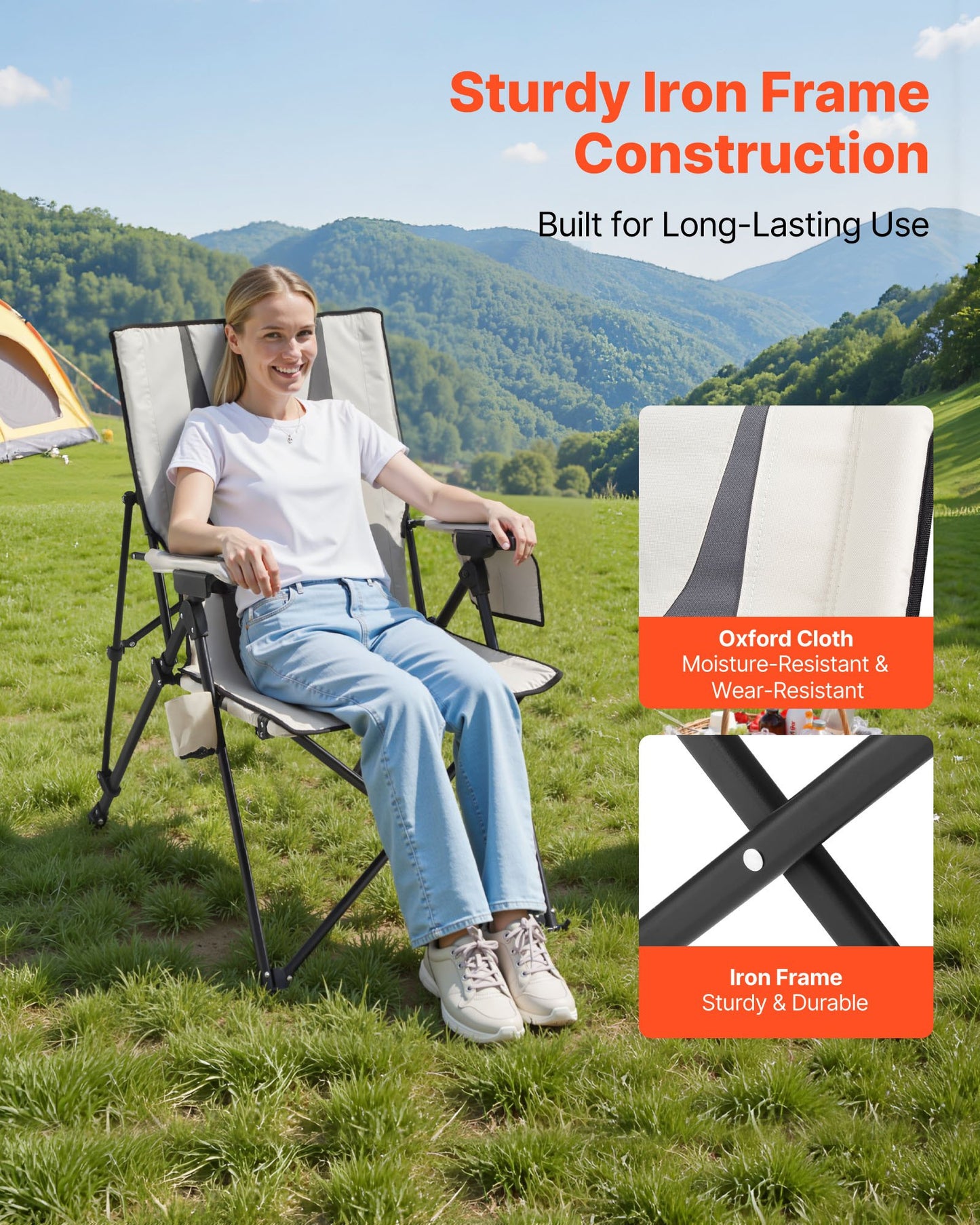 Folding Camping Chair, 3 Reclining Positions, Outdoor High Back Camping Chair, 260lbs Weight Capacity, Full Padded Beach Chairs with Armrest & Headrest, Portable Lawn Chairs for Sports Travel