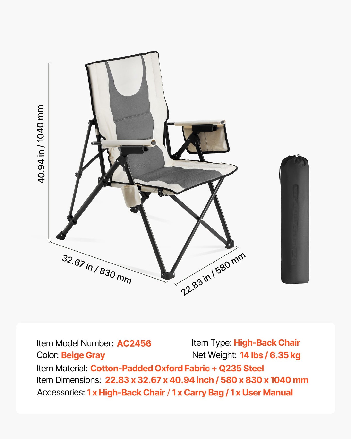 Folding Camping Chair, 3 Reclining Positions, Outdoor High Back Camping Chair, 260lbs Weight Capacity, Full Padded Beach Chairs with Armrest & Headrest, Portable Lawn Chairs for Sports Travel