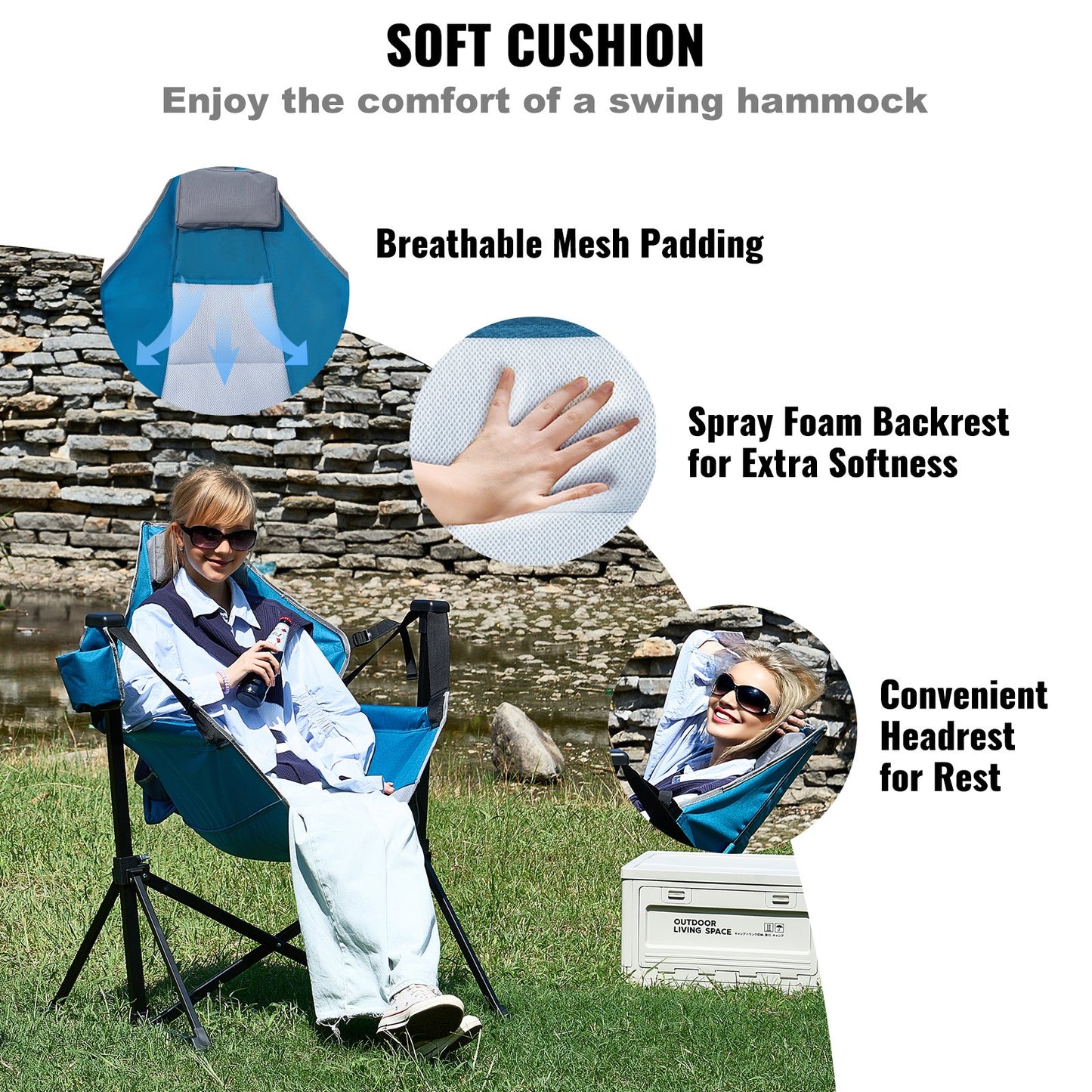Liggstol, campinghängmatta med belastning på 136 kg, hopfällbar gungstol med mugghållare, förvaringsväska, nackstöd och justerbart ryggstöd, för camping och andra utomhusaktiviteter