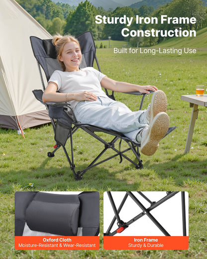 Fällbar campingstol, 4 justerbara positioner, bärbar hopfällbar solstol för vuxna, nätstrandstol med nackstöd och fotstöd, stöder 220 lbs, kraftiga campingstolar för uteplats, grå