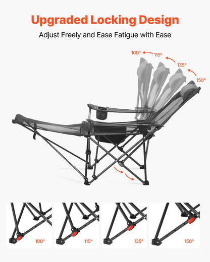 Fällbar campingstol, 4 justerbara positioner, bärbar hopfällbar solstol för vuxna, nätstrandstol med nackstöd och fotstöd, stöder 220 lbs, kraftiga campingstolar för uteplats, grå