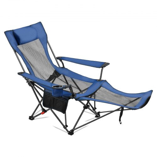 Fällbar campingstol, 4 justerbara positioner, bärbar hopfällbar solstol för vuxna, nätstrandstol med nackstöd och fotstöd, stöder 220 lbs, kraftiga campingstolar för uteplats, blå