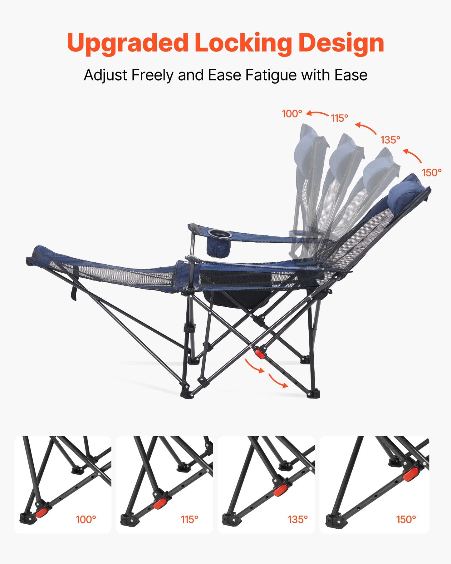Fällbar campingstol, 4 justerbara positioner, bärbar hopfällbar solstol för vuxna, nätstrandstol med nackstöd och fotstöd, stöder 220 lbs, kraftiga campingstolar för uteplats, blå