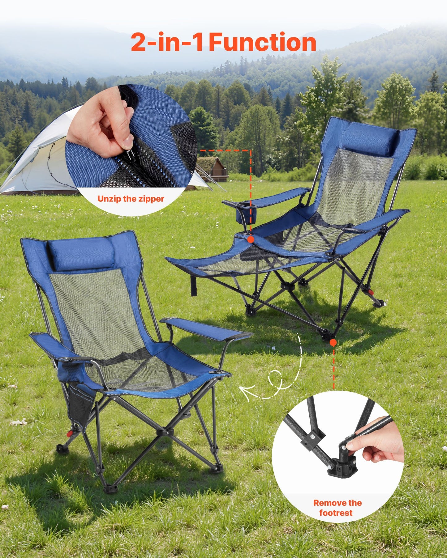 Fällbar campingstol, 4 justerbara positioner, bärbar hopfällbar solstol för vuxna, nätstrandstol med nackstöd och fotstöd, stöder 220 lbs, kraftiga campingstolar för uteplats, blå