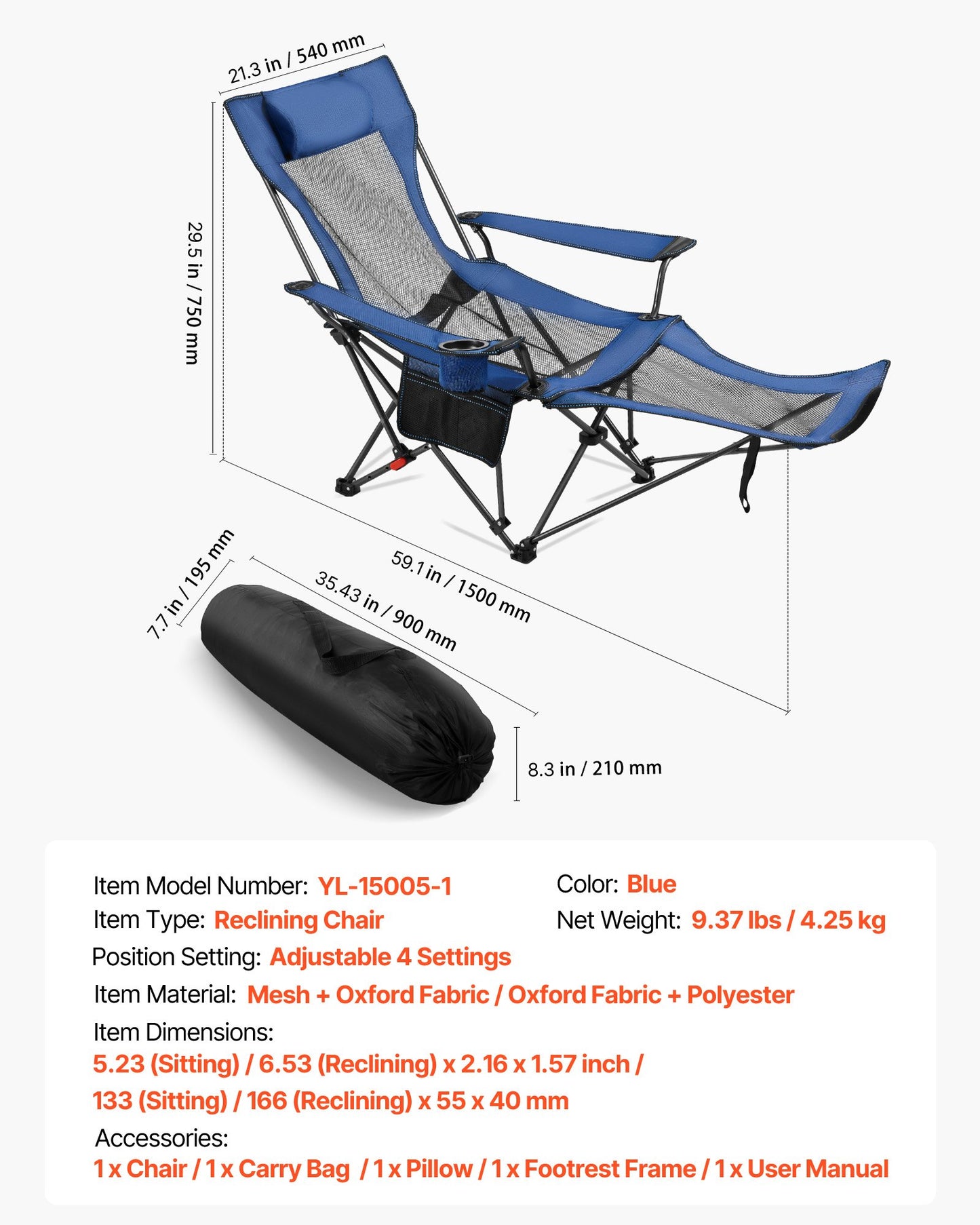 Fällbar campingstol, 4 justerbara positioner, bärbar hopfällbar solstol för vuxna, nätstrandstol med nackstöd och fotstöd, stöder 220 lbs, kraftiga campingstolar för uteplats, blå