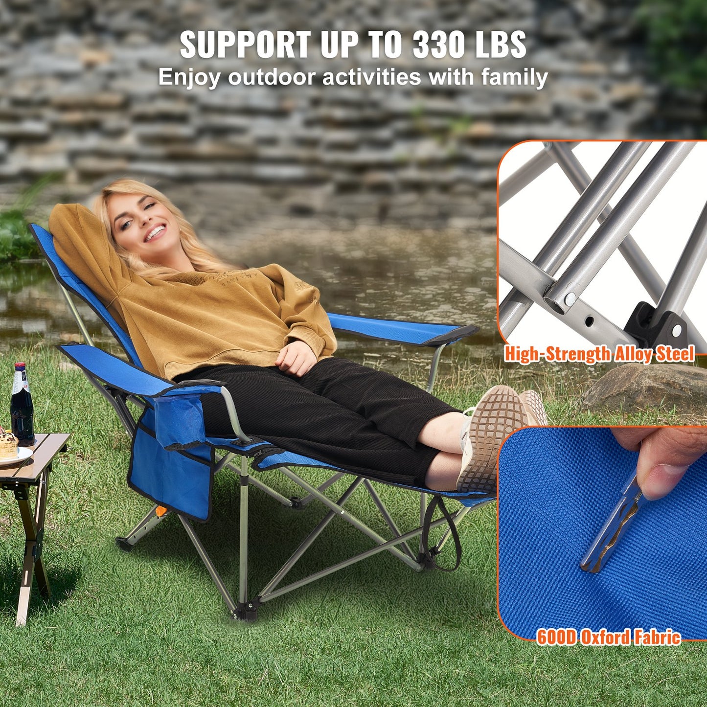 Reclining Camping Chair, 330 lbs Folding Camping Chair, 4 Position Load Portable Camping Chair with Footrest, Cup Holder, Side Pocket and Headrest, for Camping, Fishing and Outdoor Activities