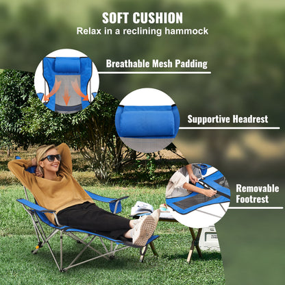 Reclining Camping Chair, 330 lbs Folding Camping Chair, 4 Position Load Portable Camping Chair with Footrest, Cup Holder, Side Pocket and Headrest, for Camping, Fishing and Outdoor Activities