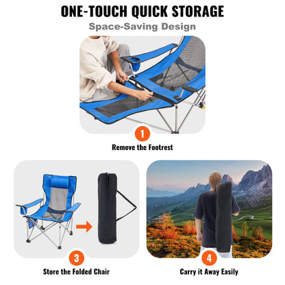 Reclining Camping Chair, 330 lbs Folding Camping Chair, 4 Position Load Portable Camping Chair with Footrest, Cup Holder, Side Pocket and Headrest, for Camping, Fishing and Outdoor Activities