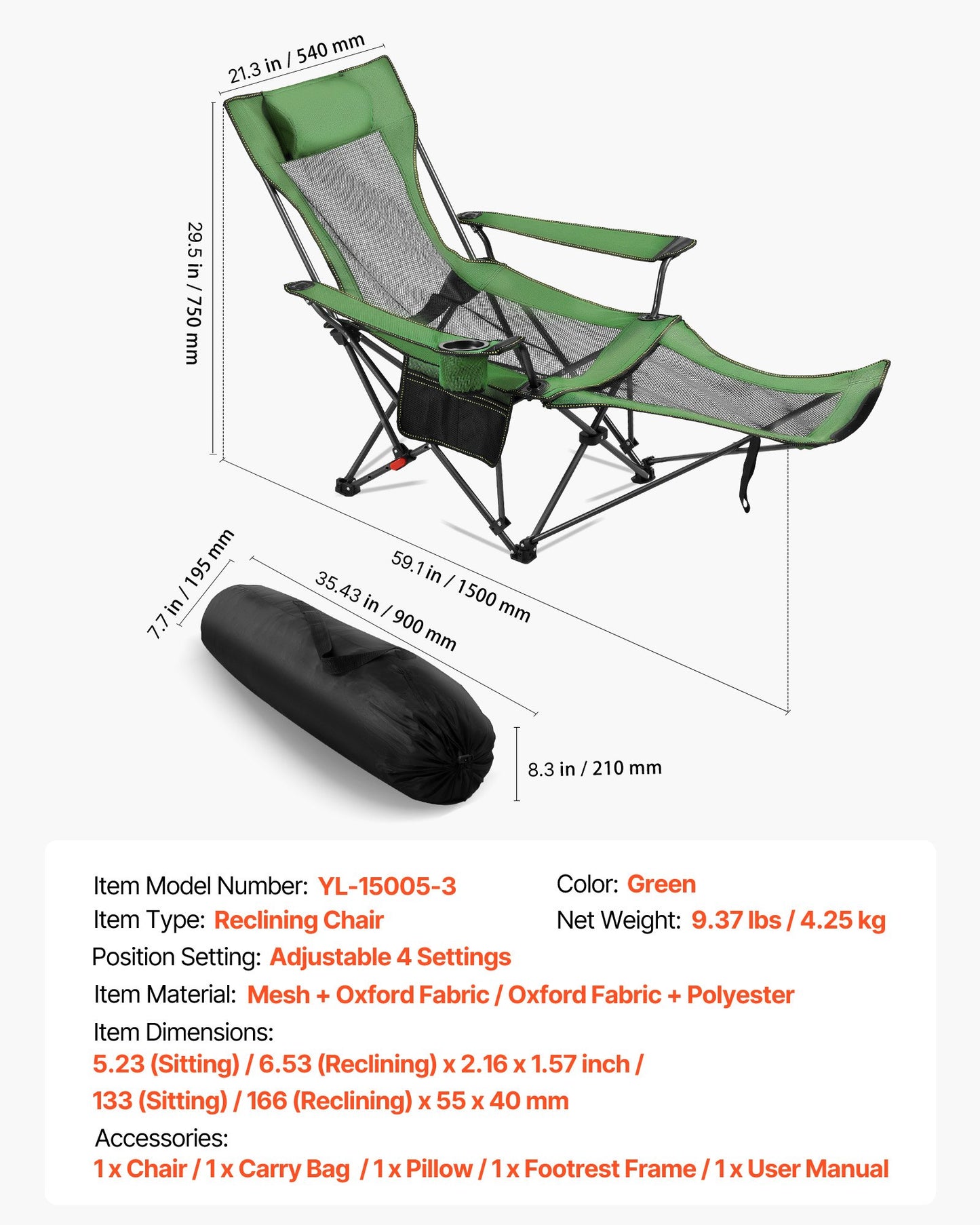 Fällbar campingstol, 4 justerbara positioner, bärbar hopfällbar solstol för vuxna, nätstrandstol med nackstöd och fotstöd, stöder 220 lbs, kraftiga campingstolar för uteplats, grön