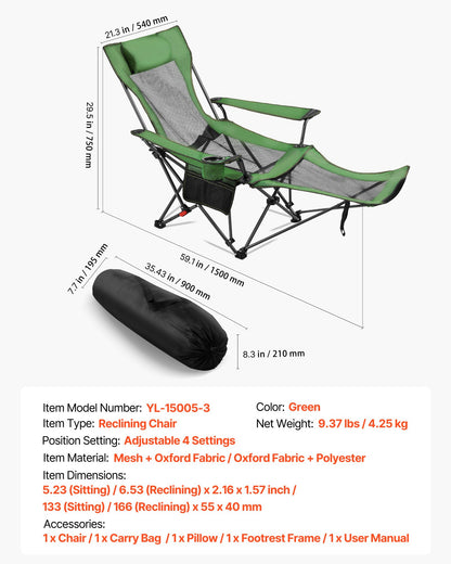 Fällbar campingstol, 4 justerbara positioner, bärbar hopfällbar solstol för vuxna, nätstrandstol med nackstöd och fotstöd, stöder 220 lbs, kraftiga campingstolar för uteplats, grön