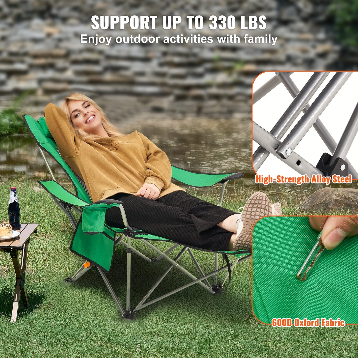 Reclining Camping Chair, 330 lbs Portable Camping Chair, 4 Position Load Folding Camping Chair with Footrest, Cup Holder, Side Pocket and Headrest, for Camping, Fishing and Outdoor Activities